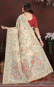 Tantuja Inspired Traditional Floral Nakshi Jaal Work Soft Jamdani Saree in Beige, Green, Mustard and Multicolored