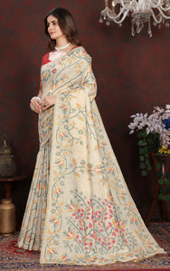 Tantuja Inspired Traditional Floral Nakshi Jaal Work Soft Jamdani Saree in Beige, Green, Mustard and Multicolored
