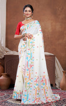 Traditional Needle Karat Work Soft Cotton Linen Jamdani Saree in Off White and Multicolored