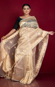 Handwoven Pure Tissue Katan Banarasi Silk Saree in Beige Gold