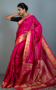 Handwoven Soft Tissue Linen Silk Saree in Hot Pink and Golden