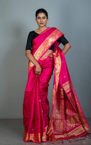 Handwoven Soft Tissue Linen Silk Saree in Hot Pink and Golden