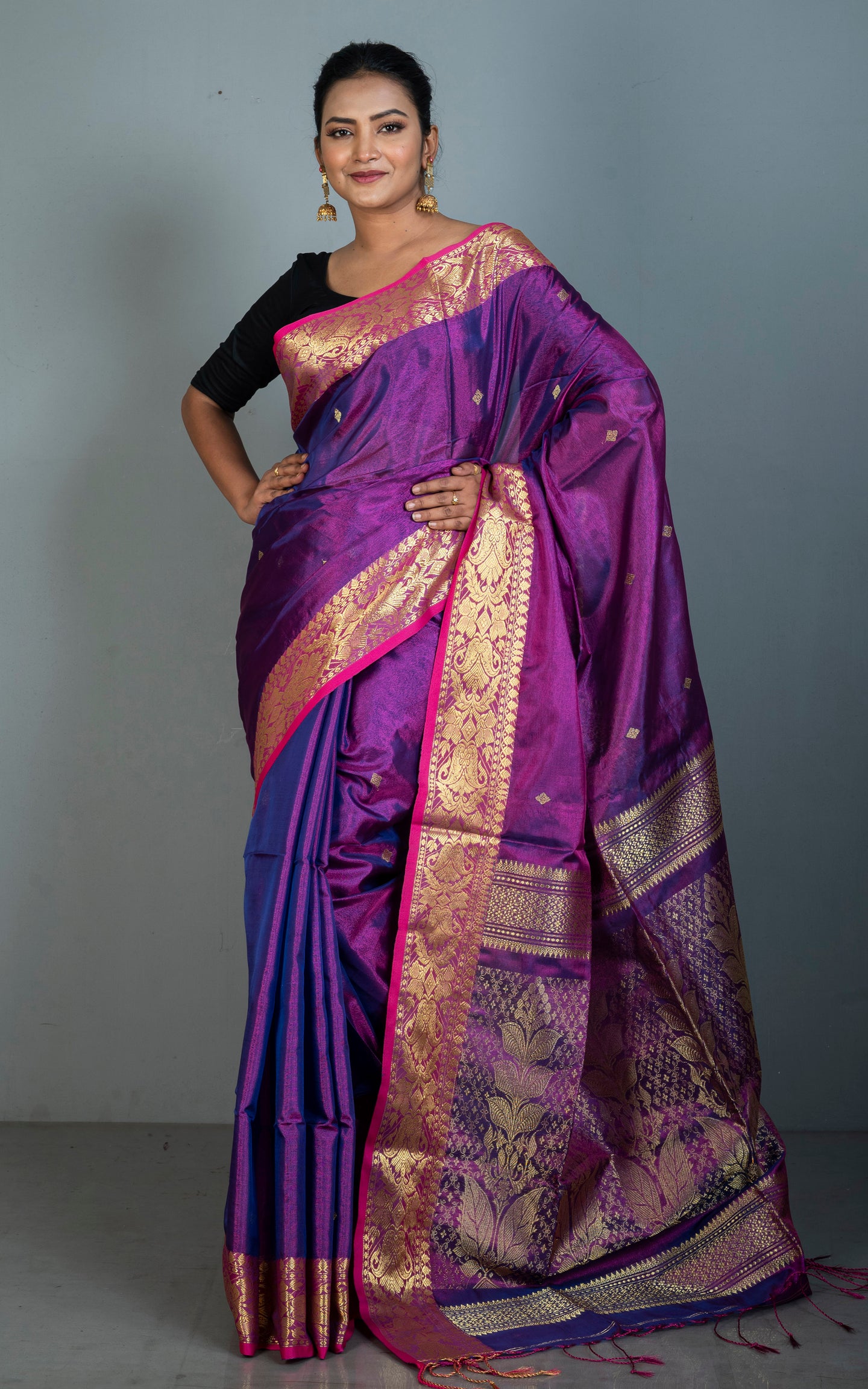 Handwoven Soft Tissue Linen Silk Saree in Purple, Hot Pink and Golden