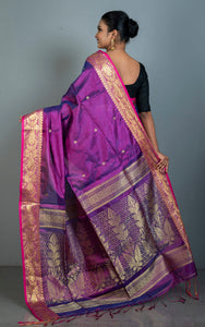 Handwoven Soft Tissue Linen Silk Saree in Purple, Hot Pink and Golden