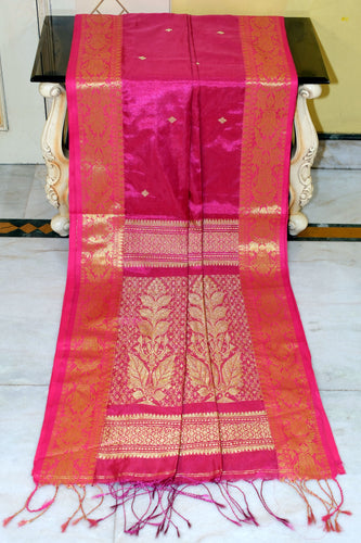 Handwoven SOft Tissue Linen Silk Saree in Hot Pink and Golden