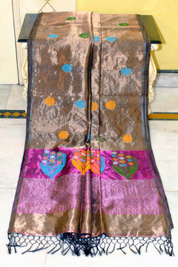 Slim Tussar Silk Tri Nakshi Border Handwoven Pure Tissue Katan Silk Saree in Old Copper, Dark Purple and Multicolored