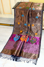 Slim Tussar Silk Tri Nakshi Border Handwoven Pure Tissue Katan Silk Saree in Old Copper, Dark Purple and Multicolored