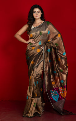 Poth Nakshi Tussar Silk Border Handwoven Pure Tissue Katan Silk Saree in Old Copper, Dark Purple and Multicolored
