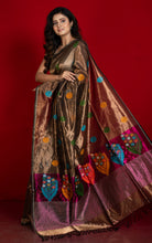 Poth Nakshi Tussar Silk Border Handwoven Pure Tissue Katan Silk Saree in Old Copper, Dark Purple and Multicolored