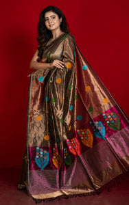 Poth Nakshi Tussar Silk Border Handwoven Pure Tissue Katan Silk Saree in Old Copper, Dark Purple and Multicolored