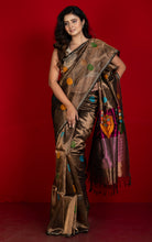Poth Nakshi Tussar Silk Border Handwoven Pure Tissue Katan Silk Saree in Old Copper, Dark Purple and Multicolored
