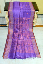 Premium Quality Tussar Baluchari Silk Saree in Lavender Indigo and Antique Golden