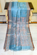 Premium Quality Tussar Baluchari Silk Saree in Moonstone Blue and Antique Golden