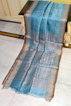 Premium Quality Tussar Baluchari Silk Saree in Moonstone Blue and Antique Golden