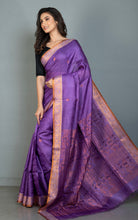 Premium Quality Tussar Baluchari Silk Saree in Lavender Indigo and Antique Golden