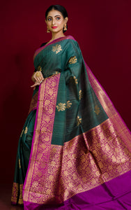 Premium Quality Tussar Banarasi Silk Saree in Myrtle Green and Magenta