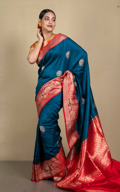 Premium Quality Tussar Banarasi Silk Saree in Denim Blue and Red