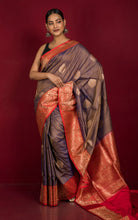 Premium Tussar Banarasi Silk Saree in Cross Color Tone of Brown and Blue with Bright Red