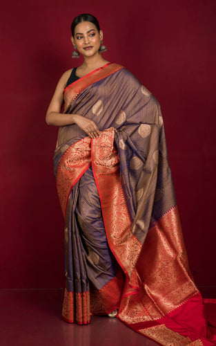Premium Tussar Banarasi Silk Saree in Cross Color Tone of Brown and Blue with Bright Red