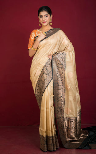 Premium Tussar Banarasi Silk Saree in Beige and Black