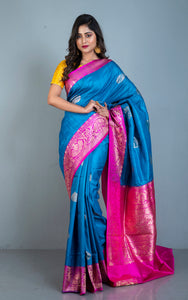Premium Tussar Banarasi Silk Saree in True Blue and Hot Pink