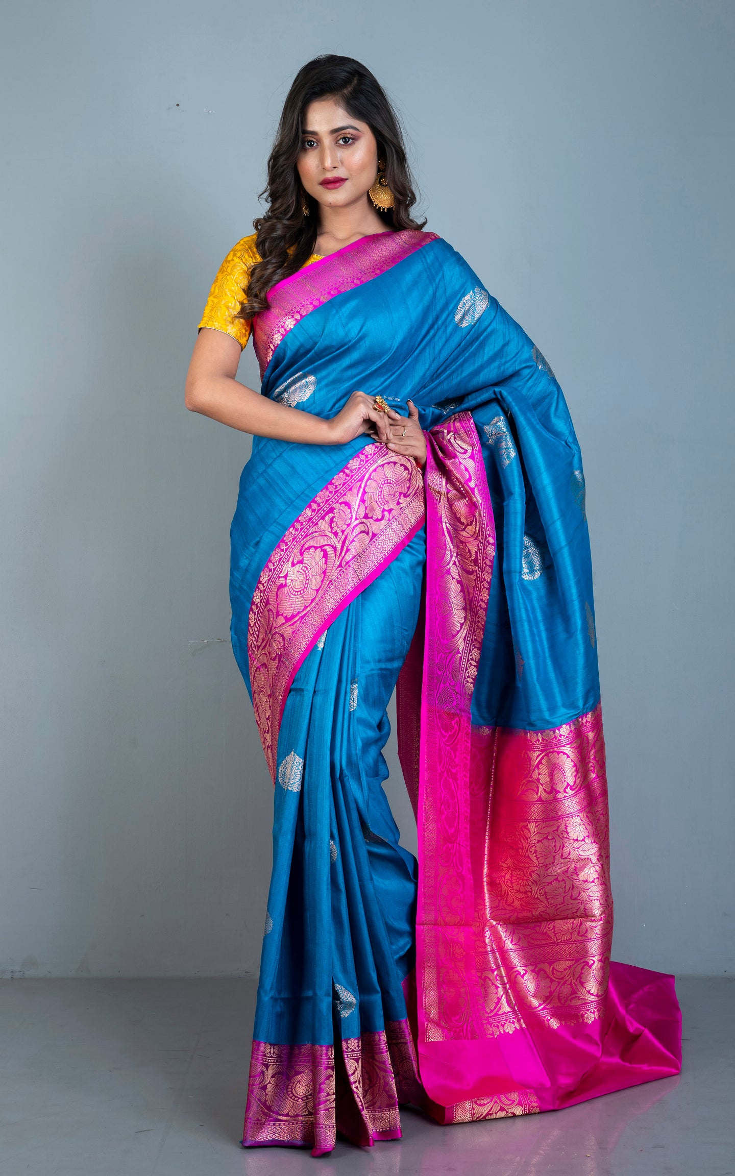 Premium Tussar Banarasi Silk Saree in True Blue and Hot Pink