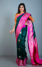 Premium Tussar Banarasi Silk Saree in Exotic Dark Green and Hot Pink