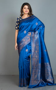 Handwoven Dupion Tussar Raw Silk Saree in Royal Blue and Antique Golden