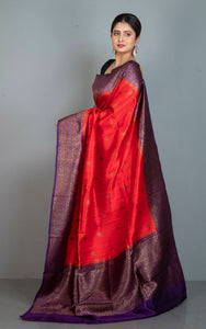Handwoven Dupion Tussar Raw Silk Saree in Red, Dark Purple and Antique Golden