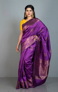 Handwoven Dupion Tussar Raw Silk Saree in Purple and Antique Golden