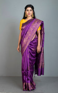 Handwoven Dupion Tussar Raw Silk Saree in Purple and Antique Golden