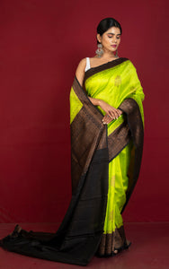Handwoven Dupion Tussar Raw Silk Saree in Lime Green, Black and Antique Golden