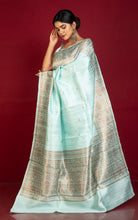 Handwoven Dupion Tussar Raw Silk Saree in Ice Blue and Antique Golden