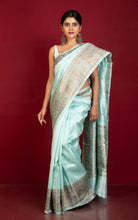 Handwoven Dupion Tussar Raw Silk Saree in Ice Blue and Antique Golden