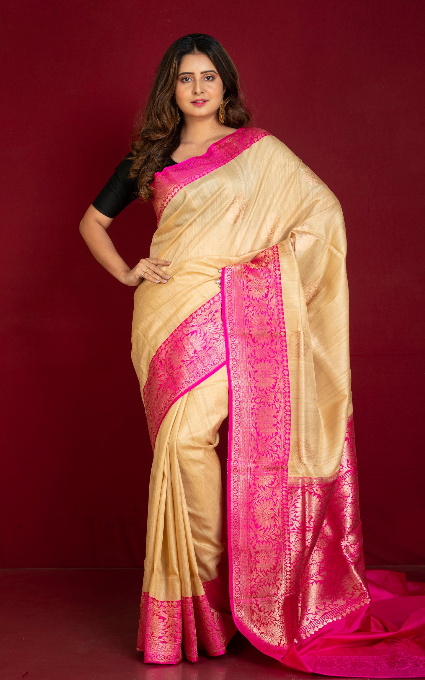 Premium Quality Tussar Banarasi Silk Saree in Beige and Hot Pink