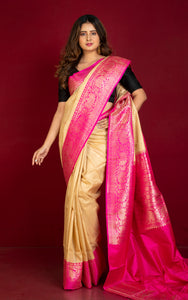 Premium Tussar Banarasi Silk Saree in Beige and Hot Pink