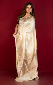 Handwoven Dupion Tussar Raw Silk Saree in Stone Beige and Antique Golden