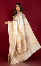 Handwoven Dupion Tussar Raw Silk Saree in Stone Beige and Antique Golden