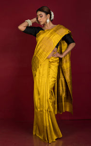 Woven Chakram Nakshi Motif Designer Tussar Banarasi Saree in Golden Yellow and Antique Golden