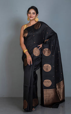 Woven Chakram Nakshi Motif Designer Tussar Banarasi Saree in Black and Antique Golden