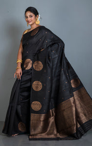 Woven Chakram Nakshi Motif Designer Tussar Banarasi Saree in Black and Antique Golden
