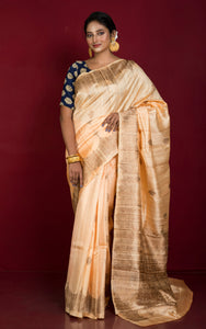 Woven Necklace Nakshi Motif Designer Tussar Banarasi Saree in Apricot and Antique Golden