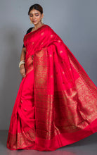 Handwoven Dupion Tussar Raw Silk Saree in Bright Red and Antique Golden