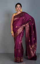 Handwoven Dupion Tussar Raw Silk Saree in Wine and Antique Golden