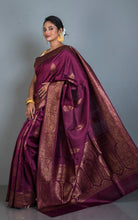 Handwoven Dupion Tussar Raw Silk Saree in Wine and Antique Golden