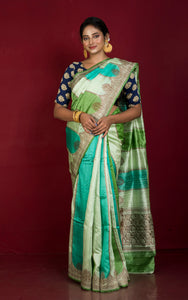 Handwoven Rangkart Dupion Tussar Raw Silk Saree in Multi Shades of Green and Antique Golden