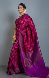 Premium Quality Tussar Silk Brocade Jamdani Saree in Magenta, Purple and Antique Golden