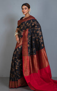Premium Quality Tussar Silk Brocade Jamdani Saree in Black, Dark Red and Antique Golden