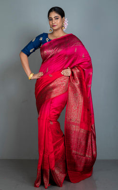 Handwoven Dupion Tussar Dual Shaded Raw Silk Saree in Red, Hot Pink and Antique Golden