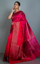 Handwoven Dupion Tussar Dual Shaded Raw Silk Saree in Red, Hot Pink and Antique Golden